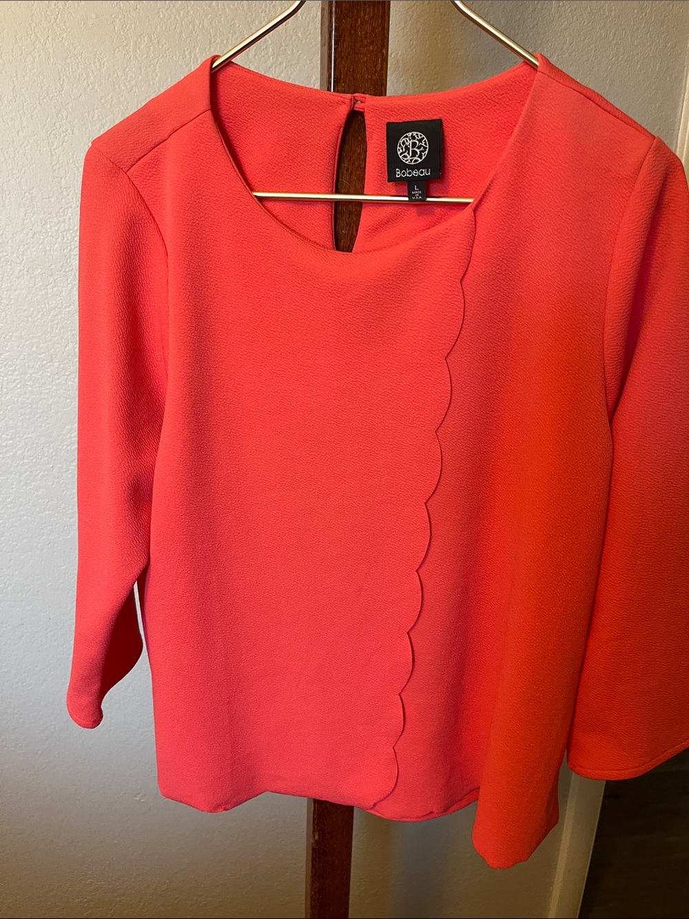 bobeau Coral-Red Scallop-Trim Blouse